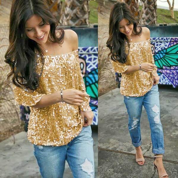 Women's Short Sleeve Sequin Blouse